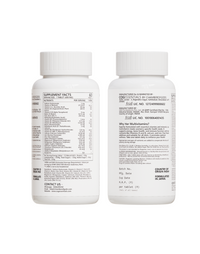 Two views of a supplement bottle showing detailed nutritional information and regulatory details. The left side displays the 'Supplement Facts' panel, listing ingredients, serving size, and nutrient content. The right side shows manufacturing and regulatory information, including the FSSAI license number, country of origin (India), and pricing details.