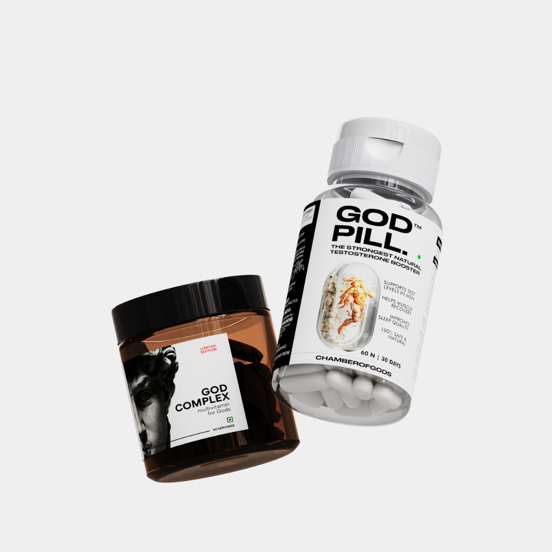 Two supplement bottles from Chamberofgods: a brown jar labeled 'GOD COMPLEX' with an image of a man's face, and a white bottle labeled 'GOD PILL,' described as 'The Strongest Natural Testosterone Booster.' The God Pill bottle features an illustration of a shrimp on its label, highlighting key benefits such as muscle mass, strength, energy, sleep, recovery, and libido. Both products are designed for men seeking enhanced performance and wellness.
