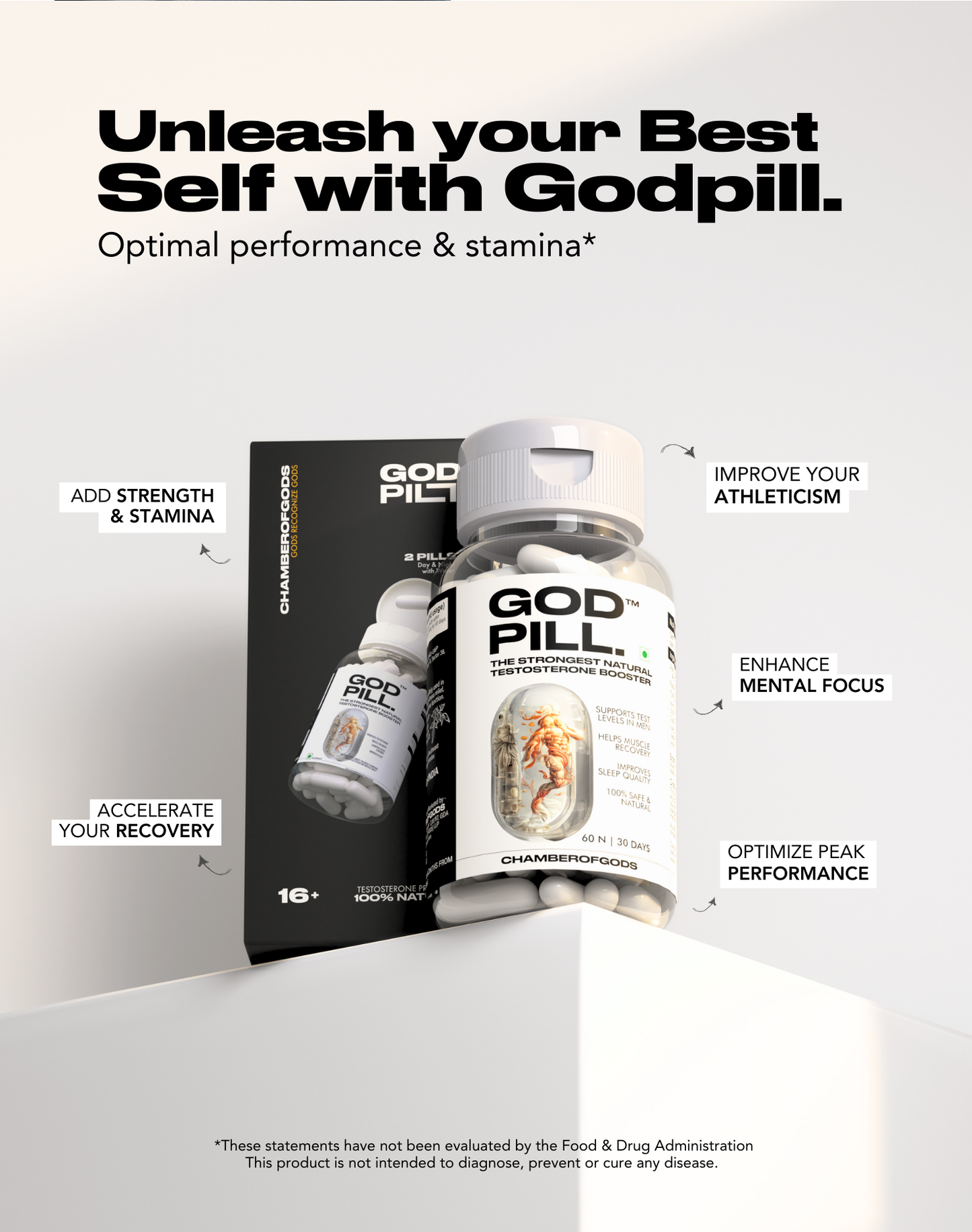 A promotional image for 'God Pill,' highlighting its ability to unleash your best self by boosting strength, stamina, athleticism, and mental focus. It emphasizes optimizing peak performance for enhanced results during intense activities. The product is displayed alongside its packaging, symbolizing strength and endurance.