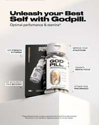 A promotional image for 'God Pill,' highlighting its ability to unleash your best self by boosting strength, stamina, athleticism, and mental focus. It emphasizes optimizing peak performance for enhanced results during intense activities. The product is displayed alongside its packaging, symbolizing strength and endurance.