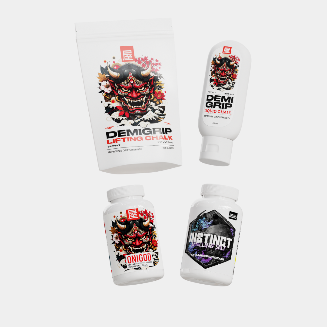 Chamber of Gods Demigrip Gym Chalk (Powder), Demi Grip Liquid Chalk for Improved Grip, Onigod Smelling Salts, and Instinct Smelling Salt by Chamber of Gods