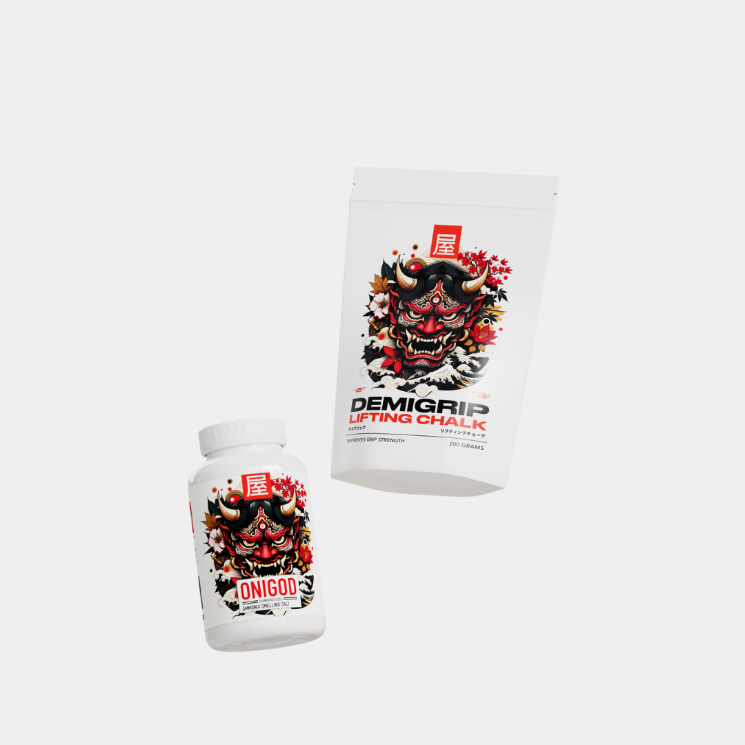 Japanese-themed supplement bottle labeled ONIGOD and a resealable pouch of DEMIGRIP Lifting Chalk with a fierce red demon mask design, symbolizing power and strength.

