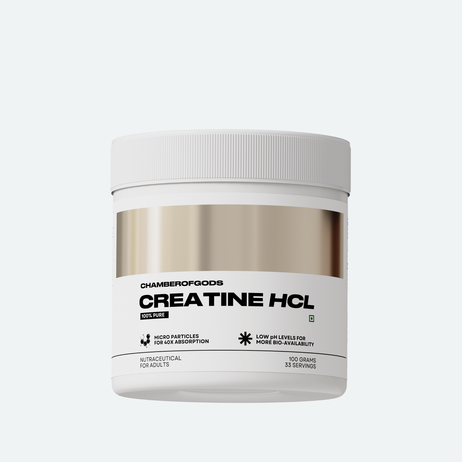A sleek, white container of Creatine HCL by Chamberofgods. The label highlights key features: '100% Pure,' 'Micro Particles for 4x Absorption,' and 'Low pH Levels for More Bio-Availability.' The product contains 100 grams, providing 33 servings, and is formulated for adults.