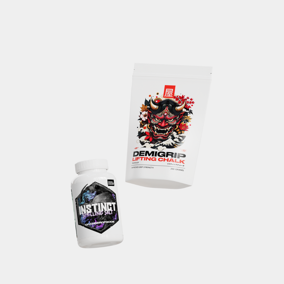 Image of one bottle of Instinct Smelling Salt and a pouch-type bottle of Demon Grip Lifting Chalk placed in front of a white background, showcasing both products clearly.

