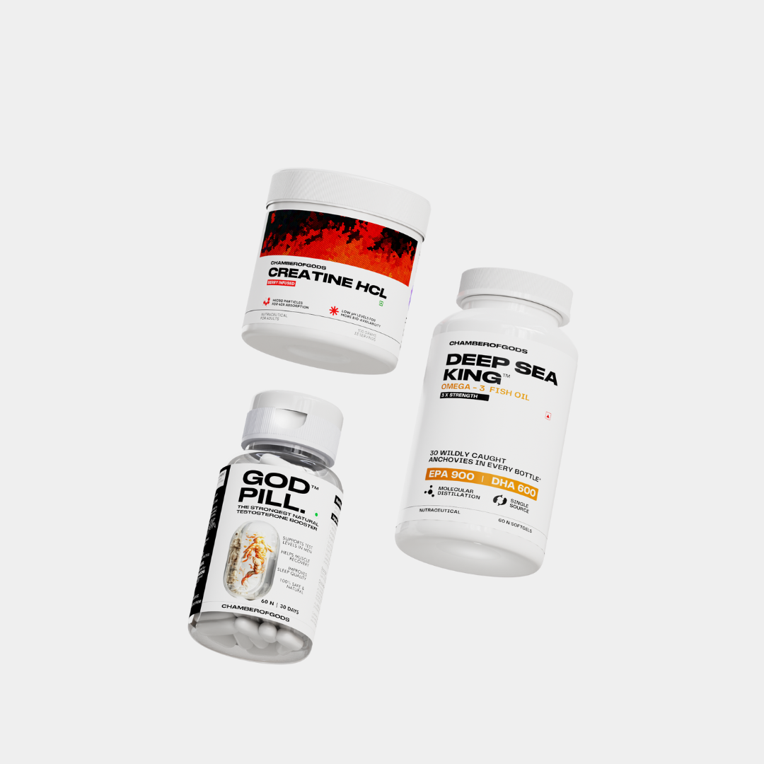 Image showing three product containers: a jar of Creatine HCL, a bottle of Chamberofgoods Deep Sea King Omega-3 Fish Oil, and a bottle labeled God Pill.



