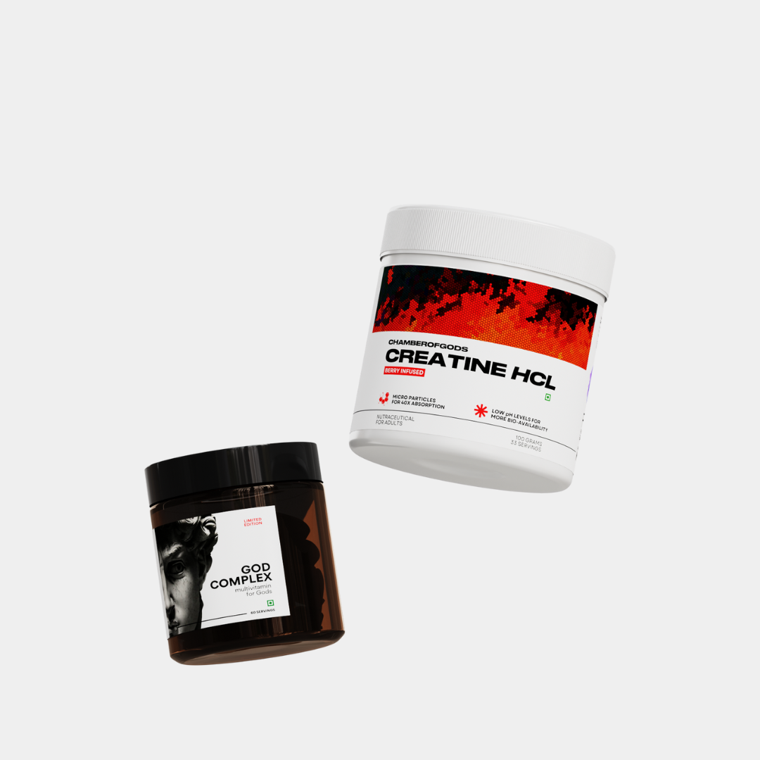 Image showing two product containers: a jar of Chamberofgoods Creatine HCL Berry Infused, and a dark jar labeled God Complex.