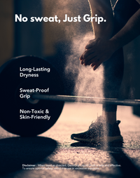 Person performing a deadlift with visible legs and barbell, set against a dark or grey-toned background. Bold text reads 'No Sweat, Only Grip' highlighting the qualities of the grip product, emphasizing strength, control, and non-slip performance during heavy lifts.

