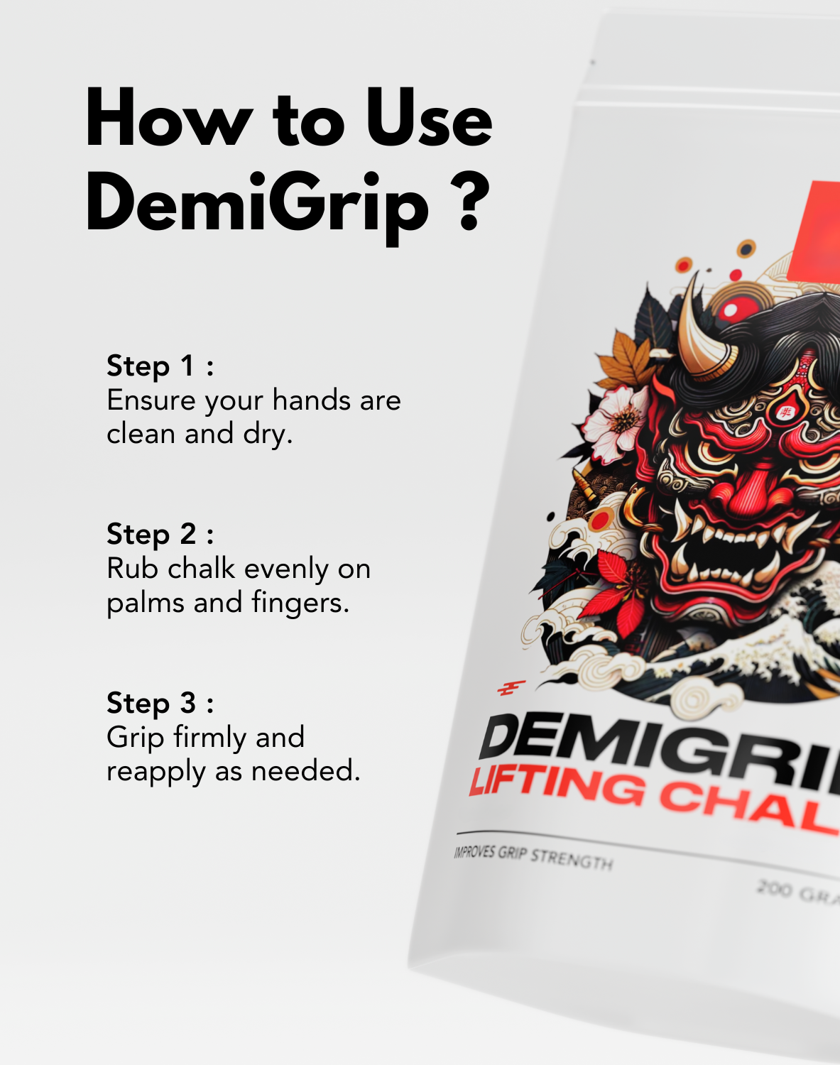 How to use DEMIGRIP Lifting Chalk text with a DEMIGRIP pouch on a white background, showing instructions for application and product display.