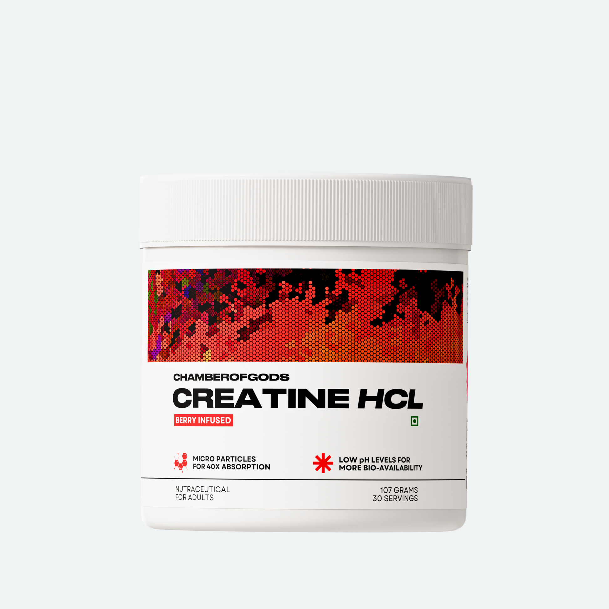 ChamberofGods Creatine HCL Supplement - Berry-Infused Formula with Micro Particles for 40x Absorption and Low pH Levels for Enhanced Bioavailability, 107 Grams in a Sleek White Container with 30 Servings