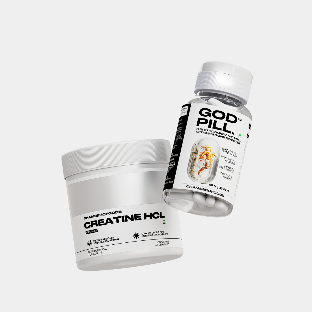 Two supplement containers from Chamberofgods: a white jar labeled 'Creatine HCL' and a clear bottle labeled 'God Pill.' The Creatine HCL container emphasizes its pure form, while the God Pill bottle highlights it as 'The Strongest Natural Testosterone Booster,' featuring an image of shrimp on the label. Both products are designed for enhancing performance and wellness.