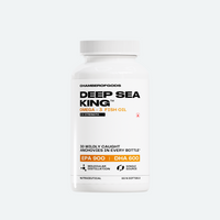 Deep Sea King Omega-3 Fish Oil Bottle: A high-strength supplement featuring 3X potency with EPA 900 mg and DHA 600 mg per serving. Contains 38 wild-caught anchovies per bottle, ensuring purity and quality. Manufactured using molecular distillation for optimal purity and single-source ingredients. Packaged in a white bottle with a black cap, labeled with 'Deep Sea King' and key nutritional details.
