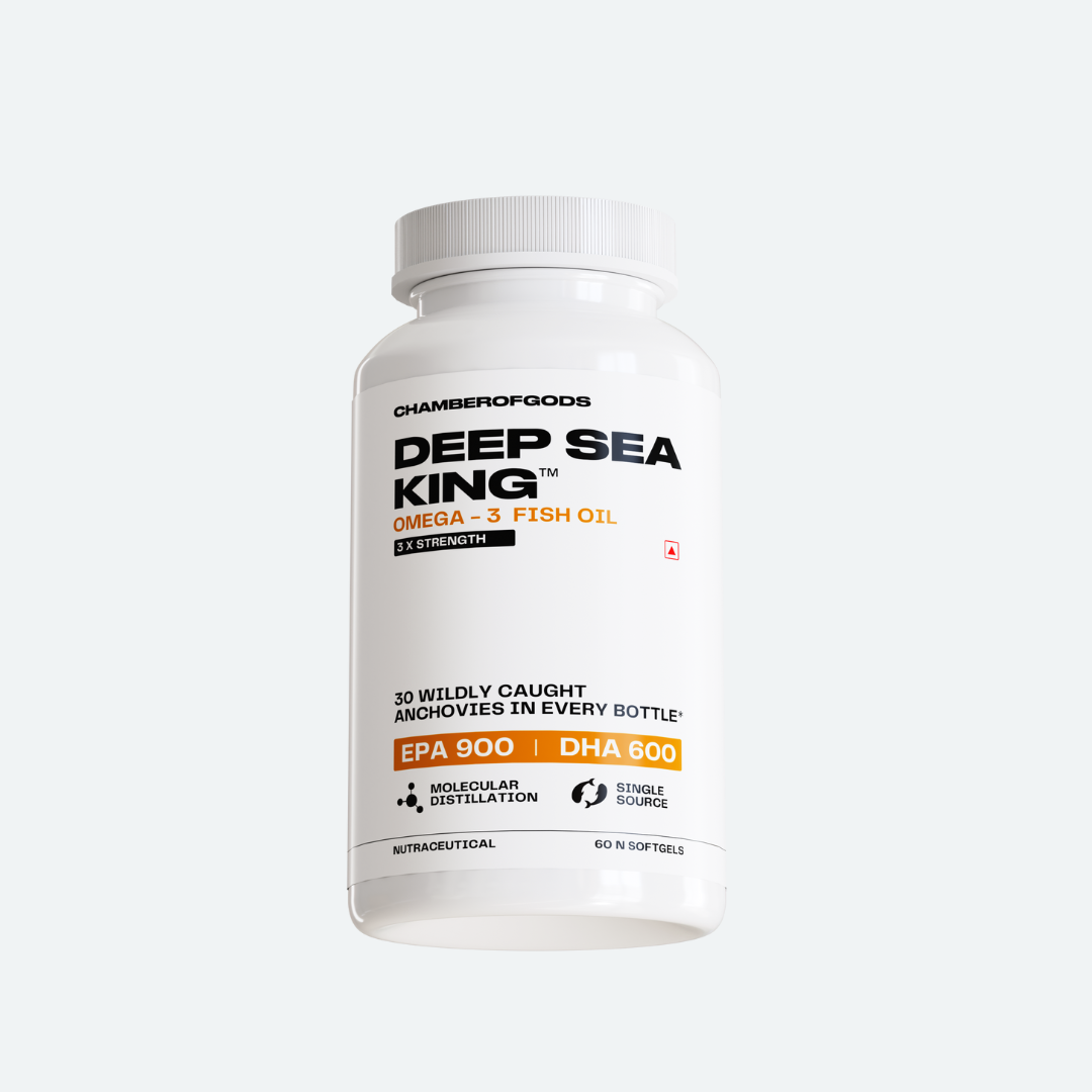 Deep Sea King Omega-3 Fish Oil Bottle: A high-strength supplement featuring 3X potency with EPA 900 mg and DHA 600 mg per serving. Contains 38 wild-caught anchovies per bottle, ensuring purity and quality. Manufactured using molecular distillation for optimal purity and single-source ingredients. Packaged in a white bottle with a black cap, labeled with 'Deep Sea King' and key nutritional details.