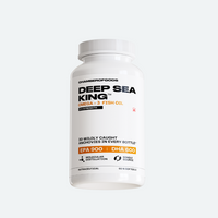 Deep Sea King Omega-3 Fish Oil Bottle: A high-strength supplement featuring 3X potency with EPA 900 mg and DHA 600 mg per serving. Contains 38 wild-caught anchovies per bottle, ensuring purity and quality. Manufactured using molecular distillation for optimal purity and single-source ingredients. Packaged in a white bottle with a black cap, labeled with 'Deep Sea King' and key nutritional details.