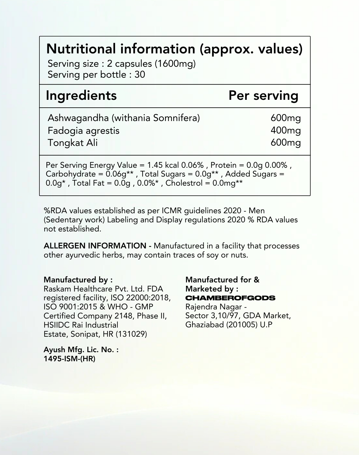 Nutritional information label for a supplement, detailing approximate values per serving (2 capsules, 1600mg). The ingredients include Ashwagandha (600mg), Fadogia agrestis (400mg), and Tongkat Ali (600mg) per serving. Energy content is 1.45 kcal (0.06%), with no protein, carbohydrates, sugars, fats, or cholesterol. The product is manufactured by Raskam Healthcare Pvt. Ltd., an FDA-registered facility with ISO 22000:2018, ISO 9001:2015, and WHO-GMP certification.Marketed by Chamberofgods in Ghaziabad, India