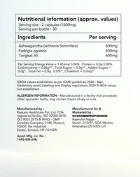 Nutritional information label for a supplement, detailing approximate values per serving (2 capsules, 1600mg). The ingredients include Ashwagandha (600mg), Fadogia agrestis (400mg), and Tongkat Ali (600mg) per serving. Energy content is 1.45 kcal (0.06%), with no protein, carbohydrates, sugars, fats, or cholesterol. The product is manufactured by Raskam Healthcare Pvt. Ltd., an FDA-registered facility with ISO 22000:2018, ISO 9001:2015, and WHO-GMP certification.Marketed by Chamberofgods in Ghaziabad, India