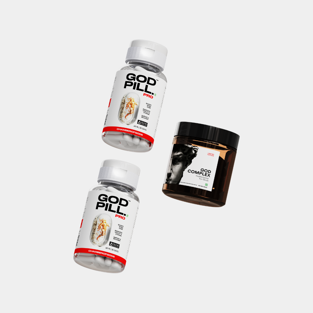 Image showing three product containers: two bottles labeled God Pill Pro and one dark jar labeled God Complex.