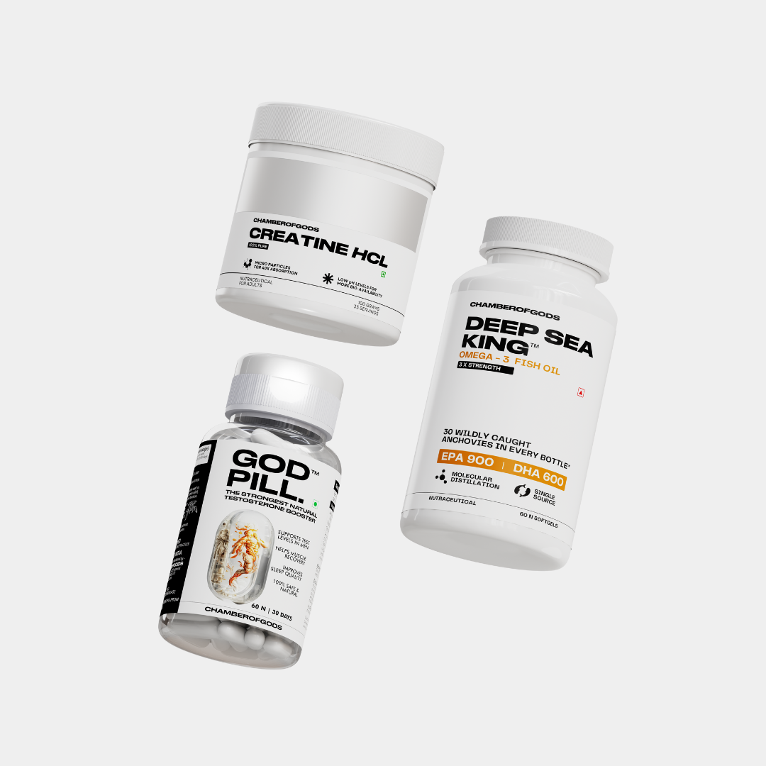 ChamberofGods Supplement Range Featuring Creatine HCL with Molecular Distillation, Deep Sea King Omega-3 Fish Oil with 30 Wild-Caught Anchovies and High EPA/DHA Content, and God Pill Pro with Visible Capsules in a Transparent