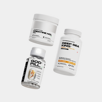 ChamberofGods Supplement Range Featuring Creatine HCL with Molecular Distillation, Deep Sea King Omega-3 Fish Oil with 30 Wild-Caught Anchovies and High EPA/DHA Content, and God Pill Pro with Visible Capsules in a Transparent