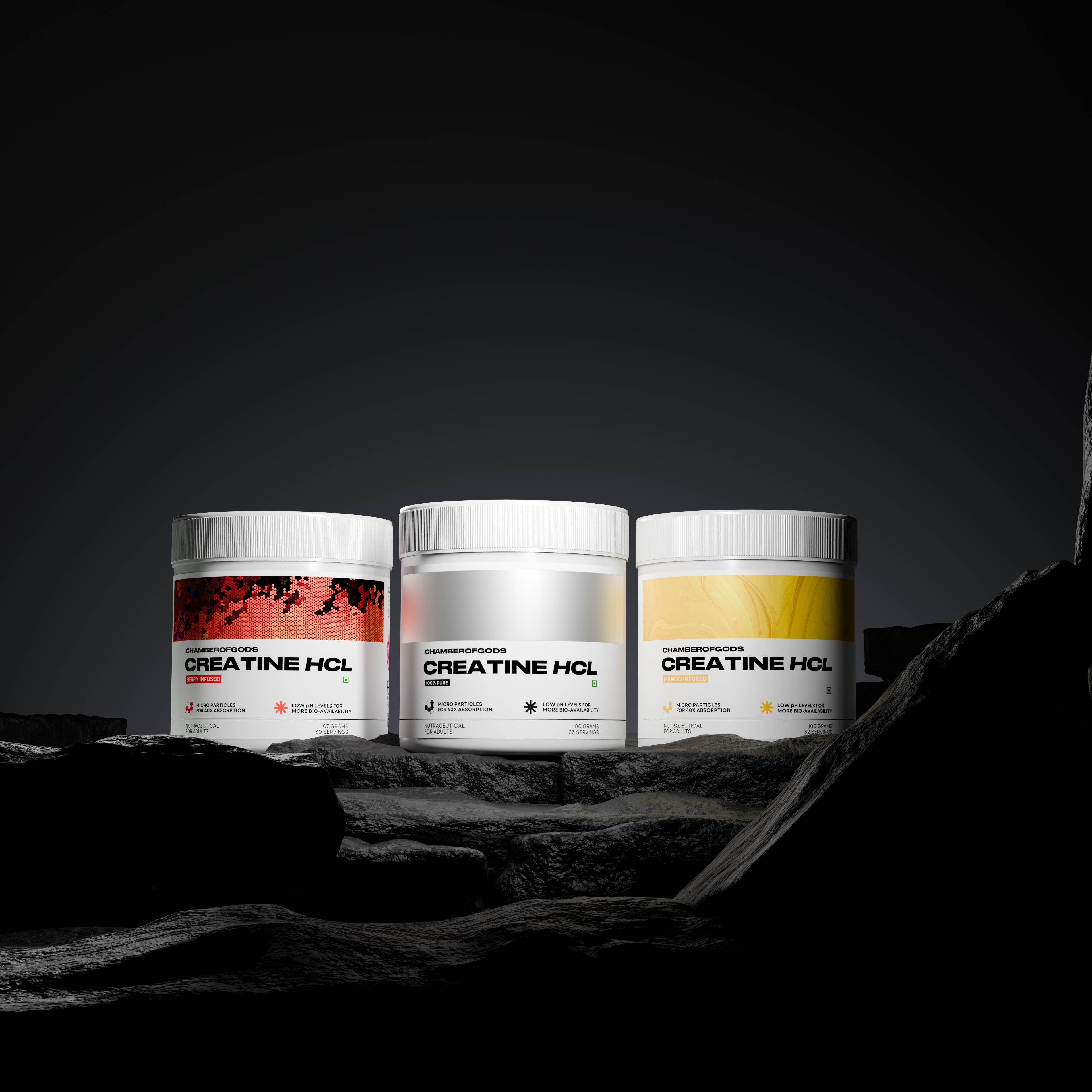 Three containers of Creatine HCL on a dark background