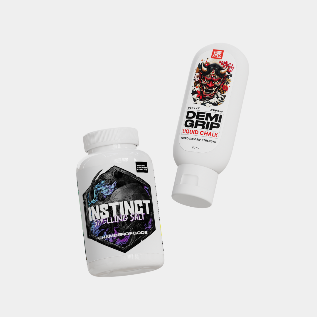 Image of Inctinct Smelling Salt and Demi Grip Liquid Chalk on a white background, showcasing both products with clear labeling.