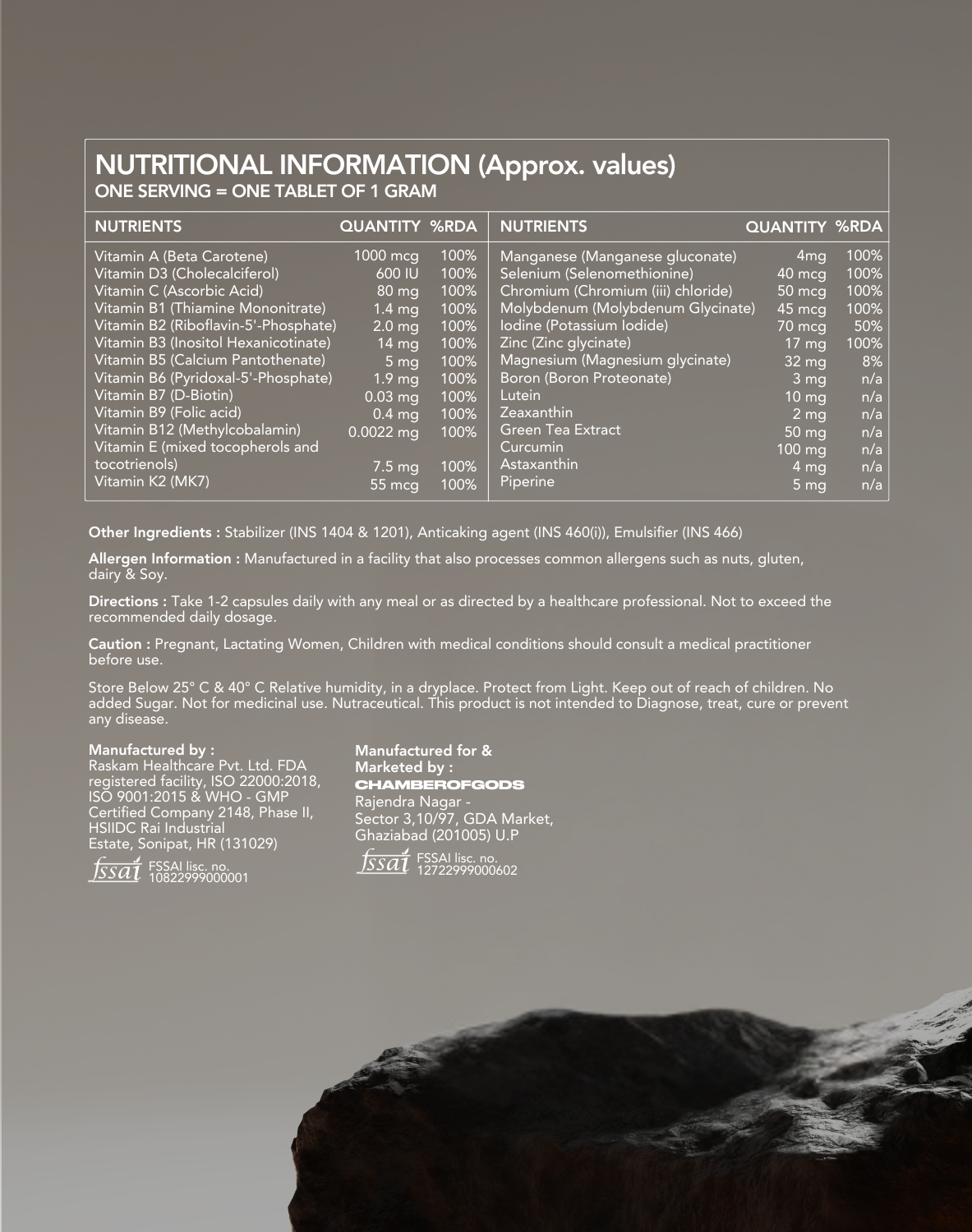 Nutritional information label for a supplement, detailing approximate values per serving (1 gram). The table lists various vitamins and minerals with their quantities and %RDA, including Vitamin A, D3, C, B1, B2, B5, B6, B7, B9, B12, E, and others. Additional ingredients such as stabilizers and emulsifiers are noted. Directions advise taking 1–2 capsules daily with any meal, under healthcare professional guidance. Allergen information is provided, along with storage instructions and manufacturer details.